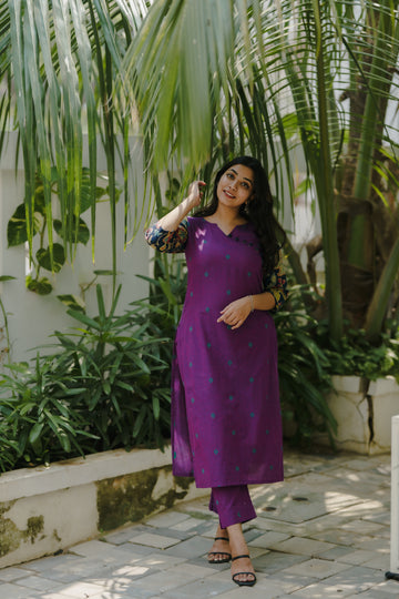 IM-Veena Purple Handloom Floral Kurta Set (S, L Available)