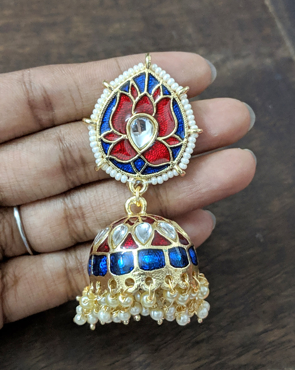 Enamel lotus jhumkas