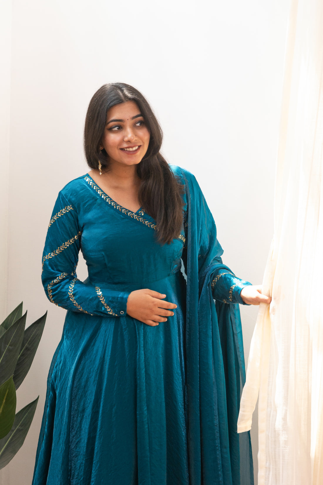 Anjali Peacock Blue Crushed Silk Anarkali