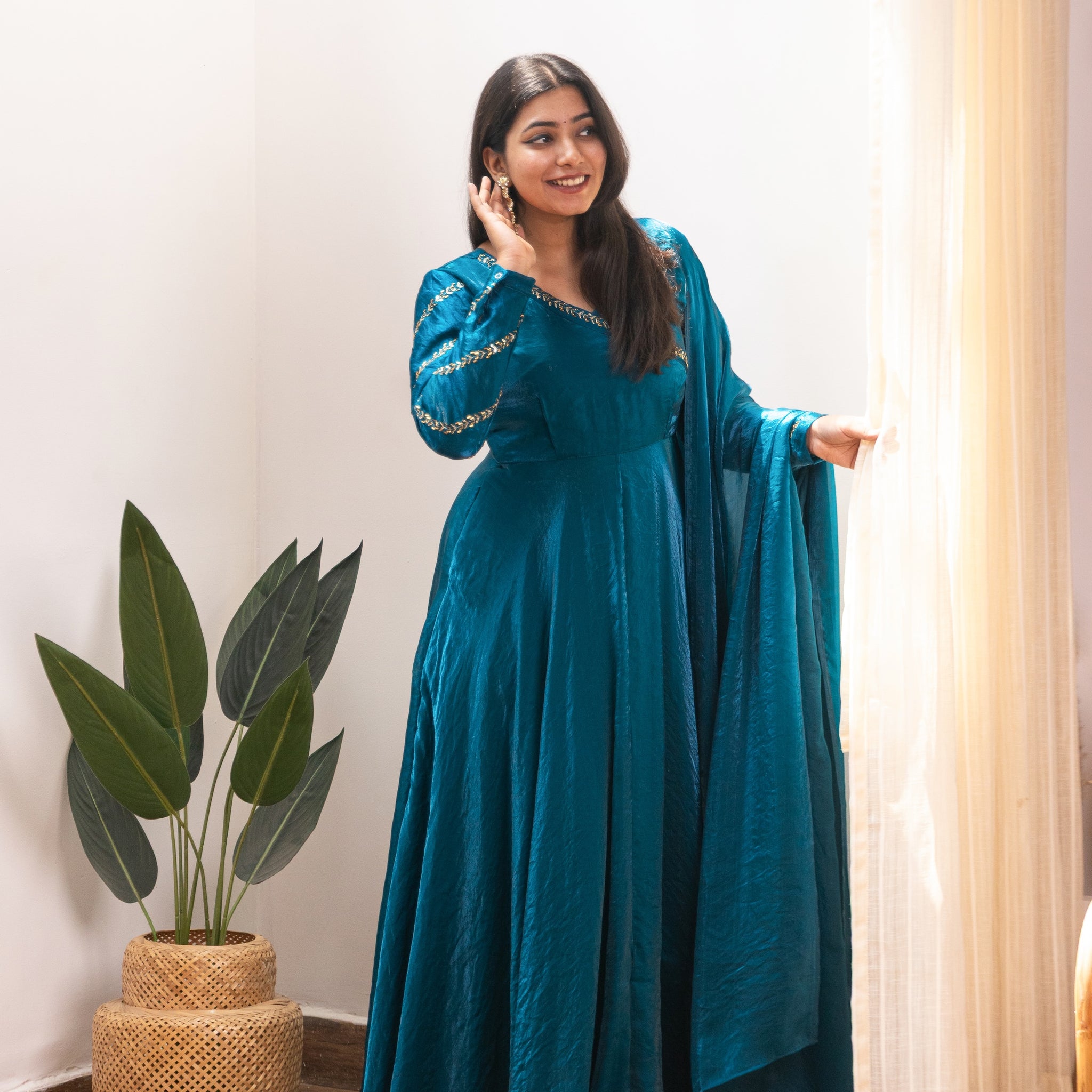 Anjali Peacock Blue Crushed Silk Anarkali