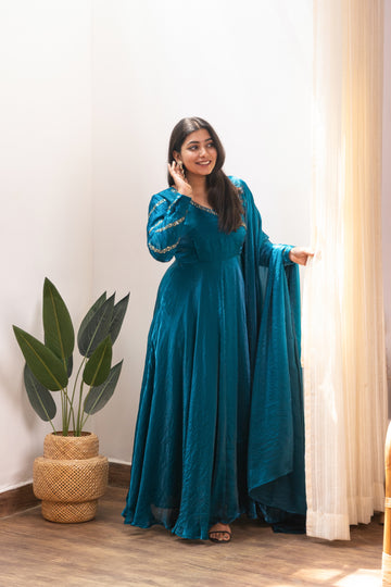 Anjali Peacock Blue Crushed Silk Anarkali