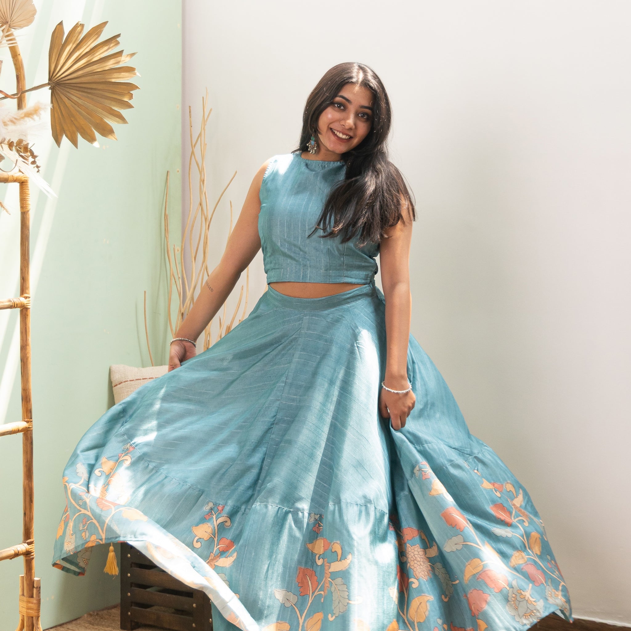 Vanya Teal Kalamkari Tussar Silk Lehenga