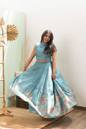 Vanya Teal Kalamkari Tussar Silk Lehenga