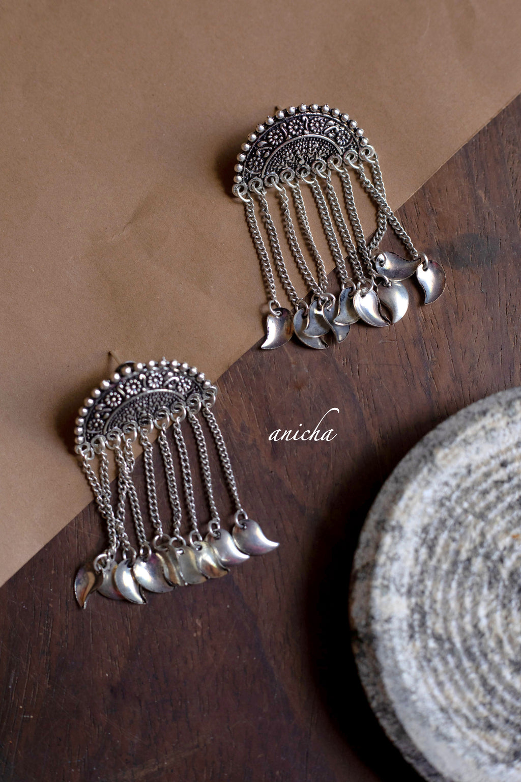 Oxidized silver tassel earrings