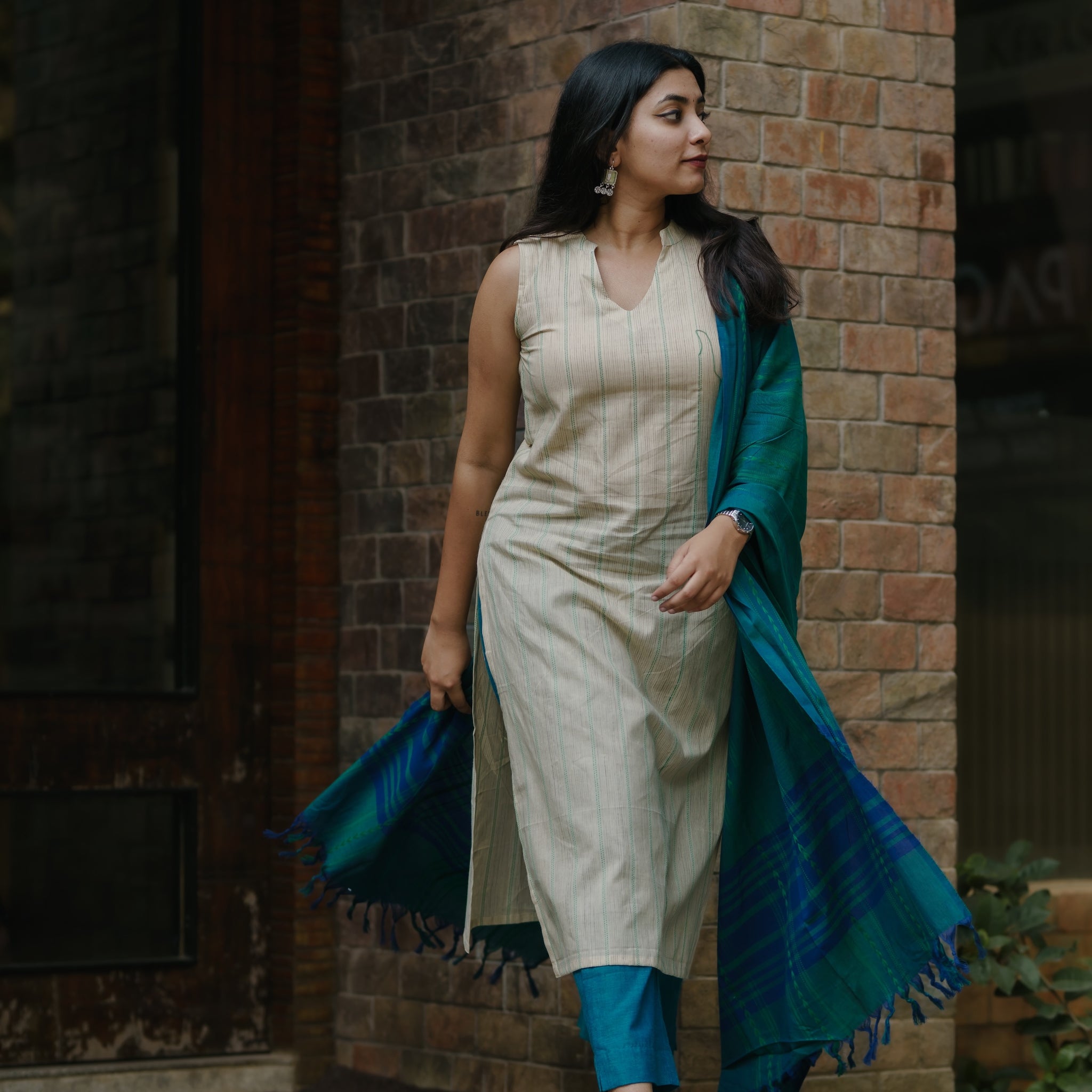 Nithya Beige & Teal Handloom Kurta Set