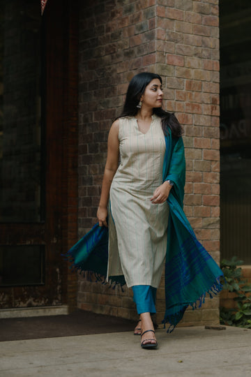 Nithya Beige & Teal Handloom Kurta Set