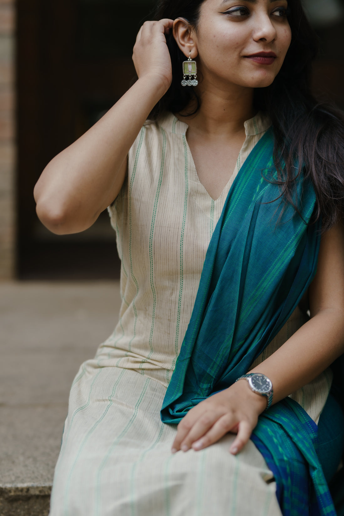 Nithya Beige & Teal Handloom Kurta Set