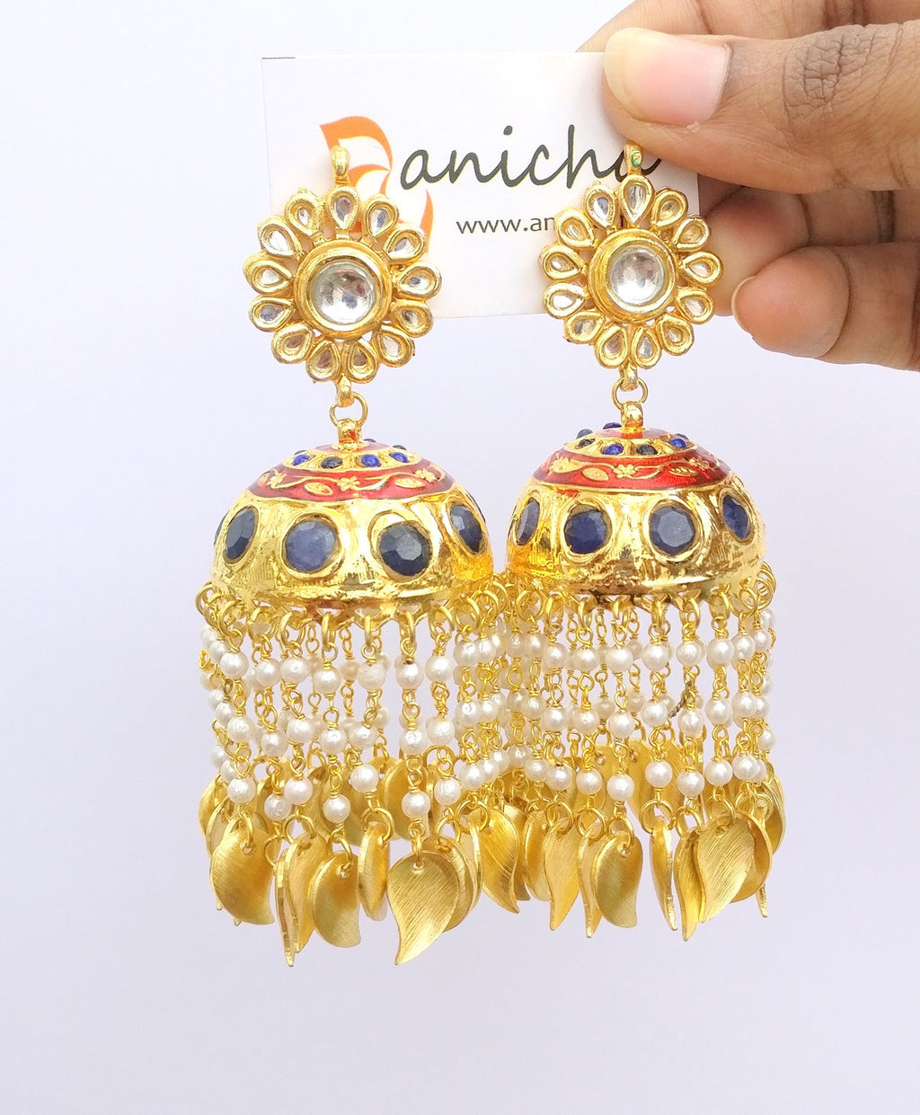 Dark blue stone pearl drop jhumkas