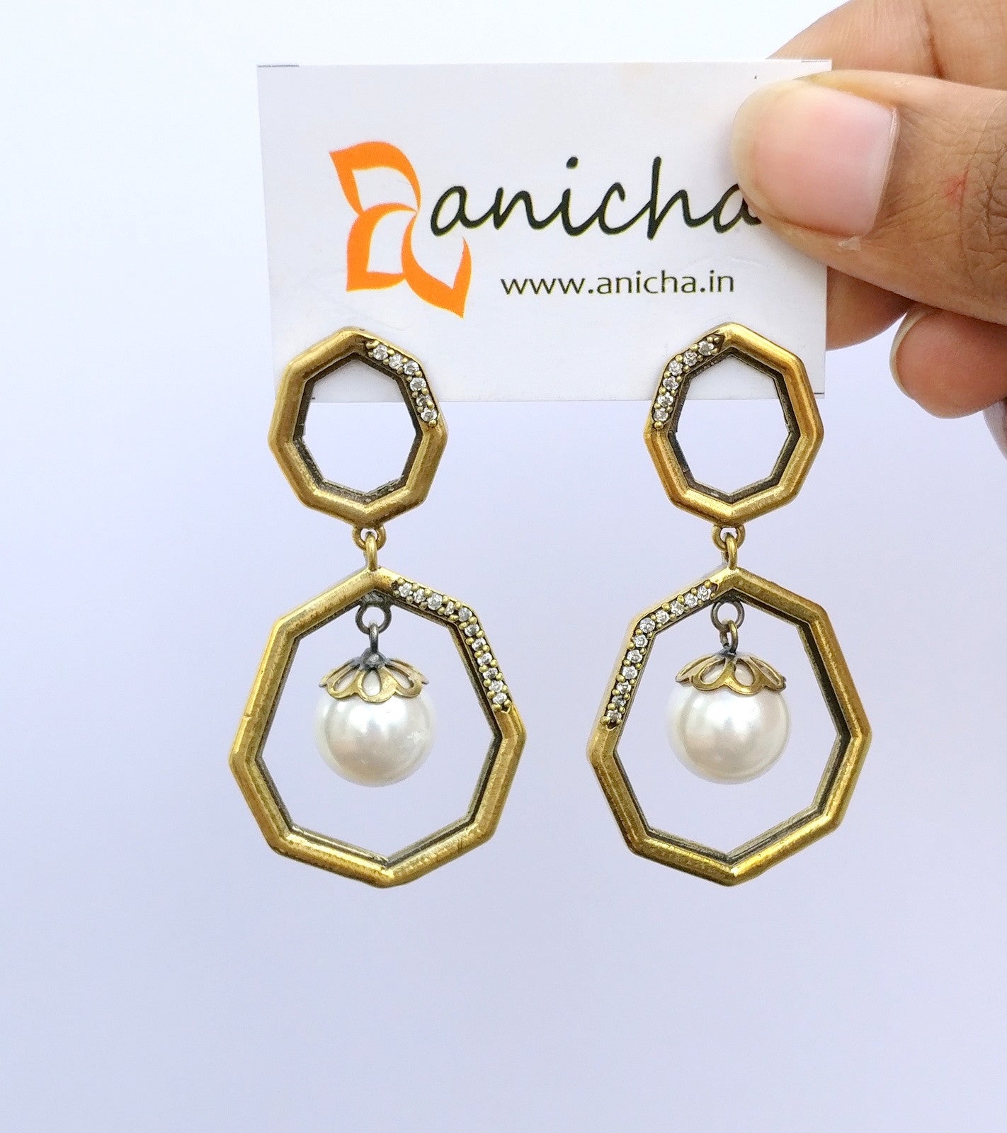 Antique gold plated double octagon earrings