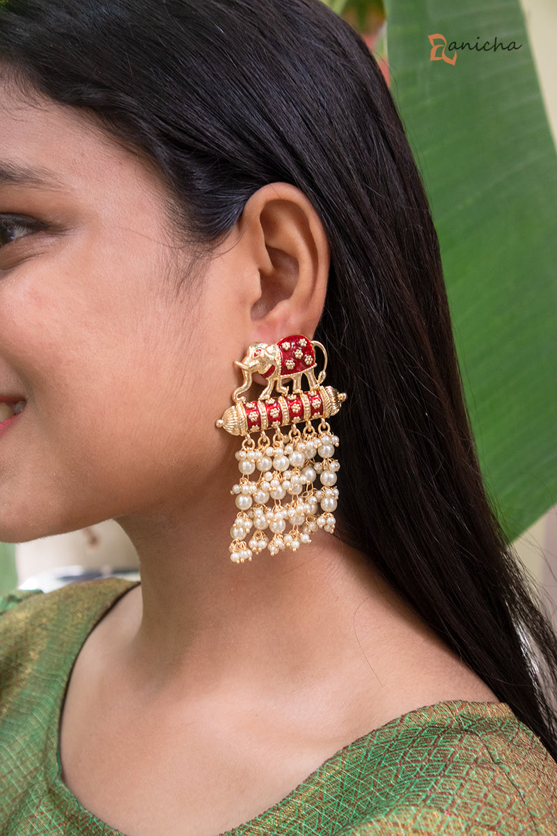 Enamel pearl tassel earrings